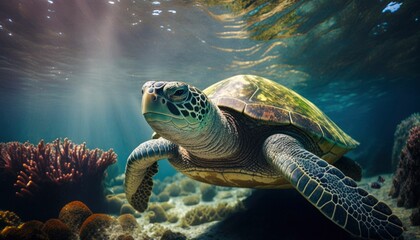 Fototapeta premium green sea turtle swimming underwater, underwater coral reef, clear ocean water seabed with tortoise generative ai,
