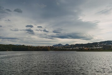Landscape lake view in autumn. Artificial Lake of Tirana, Albania.