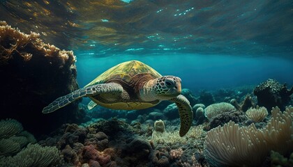 Fototapeta premium green sea turtle swimming underwater, underwater coral reef, clear ocean water seabed with tortoise generative ai,