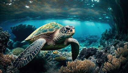 Naklejka na ściany i meble green sea turtle swimming underwater, underwater coral reef, clear ocean water seabed with tortoise generative ai,