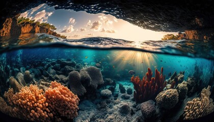 Fototapeta na wymiar coral reef in the blue sea, ocean and sky mix view, underwater corals, deeps of ocean tropical seabed, generative ai, fish eye