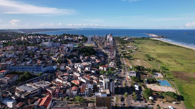 Aerial view of Ilheus, tourist town in Bahia. Historic city center with Catedral Sao Sebastiao.
