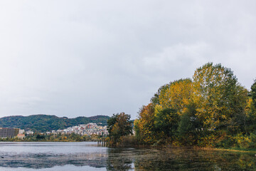 Landscape lake view in autumn. Artificial Lake of Tirana, Albania.