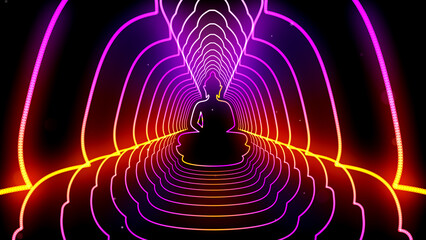 Spiritual Abstract Purple Orange Tunnel Glowing Light Silhouette Of Buddha Meditating Neon Lines With Glitter Bokeh Particles
