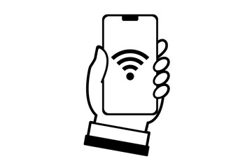 Wi-Fiアイコンが表示されたスマートフォンを持った手のイラスト(png)