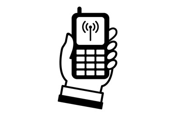 電波マークが表示された携帯電話を持った手のイラスト(png)