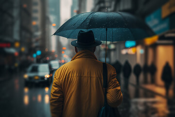 rainy weather, a man with an umbrella walks down the street illustration Generative AI