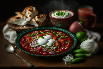 Fototapeta na wymiar red borscht ukrainian cuisine.illustration Generative AI