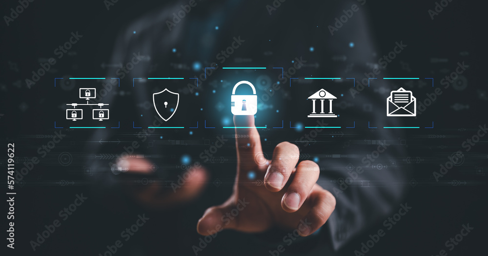 Aufkleber Cybersecurity and privacy concepts to protect data. Lock icon and internet network security technology. Businessman protecting personal data on smartphone, virtual screen interfaces. Cybersecurity.