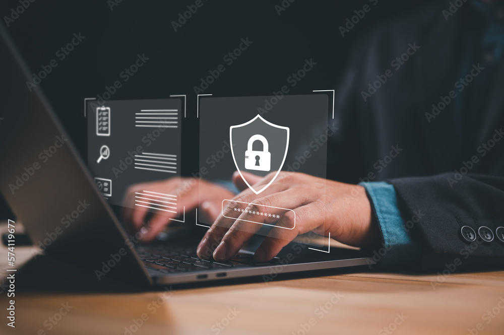 Poster User authentication system with username and password, cybersecurity concept, information security and encryption, secure Internet access, technology and cybernetics. computer security system.