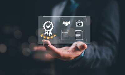 Hand shows sign of top service Quality assurance, Guarantee, Standards, ISO certification and standardization concept, satisfaction, service experience, show the standards of products and services.