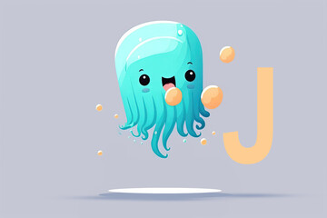 Obraz premium Jellyfish cute caracter and letter J logo. Generative AI ..