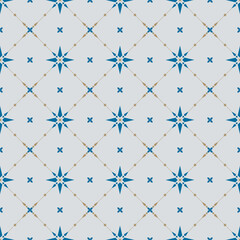 Blue geometric star seamless pattern on light blue tone background with diagonal of light brown line. That is look strong and splendid.