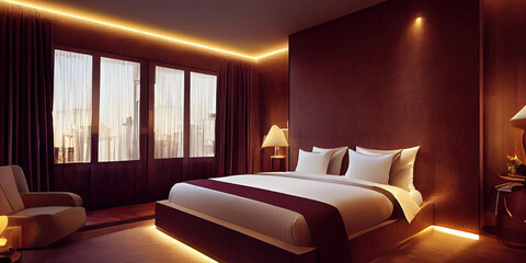 Luxury modern style bedroom, Interior of a hotel bedroom. Generative AI illustration