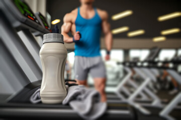 Fototapeta na wymiar protein bottle and a towel sports lifestyle, gym activity illustration Generative AI