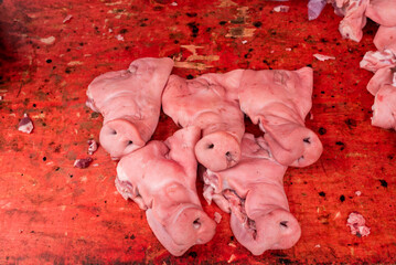 Pork heads close-up view on a market stall in Chengdu, Sichuan province, China - 574120078