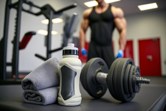 protein bottle and a towel sports lifestyle, gym activity illustration Generative AI
