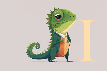 Fototapeta premium Iguana cute caracter and letter I logo. Generative AI .