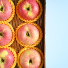 beautiful pink apple in the box on blue background