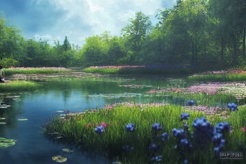 Plakat blue, pond in the park, flowers paintings monet painting claude impressionism paint landscape scene meadows filled. Generative AI