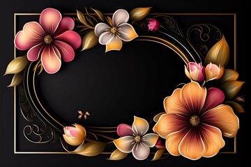 Photo frame with gold and black color and floral ornament for invitation cards created with Generative AI