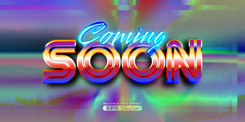 Retro text effect coming soon futuristic editable 80s classic style with experimental background, ideal for poster, flyer, social media post with give them the rad 1980s touch