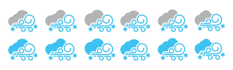 Blizzard weather icon set. Snow storm weather icons collection. Snowflake, cloud, and wind icon symbol for apps and websites, vector illustration