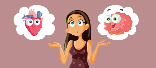 Woman Choosing Between rational and Emotional Vector Concept Illustration. Girl deciding between love and reason, career of hobby
