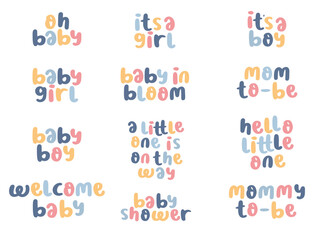 Baby shower lettering. Set of vector cards for baby shower with pastel color. Hand drawn lettering for baby shower