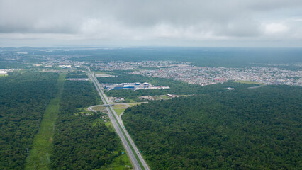 Aerial view PR 407 with BR 277, Paranaguá, Paraná, Brazil, Serra do Mar.