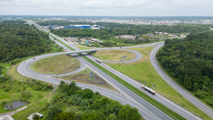 Aerial view PR 407 with BR 277, Paranaguá, Paraná, Brazil, Serra do Mar.