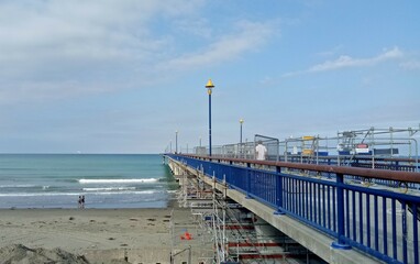 Beautiful morning view at New Brighton Pier bridge in Christchurch, New Zealand.