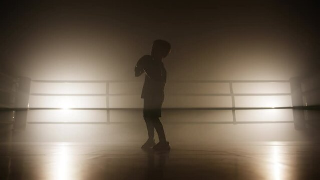 Close-up view of a child's silhouette working out alone. Portrait of active, skilled kid wearing boxing gloves and training before sparring. High quality 4k footage