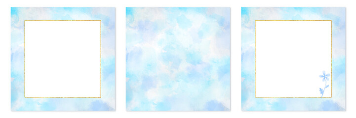 絵具をペタペタ塗ったような爽やかなブルー系の水彩フレーム背景イラストセット