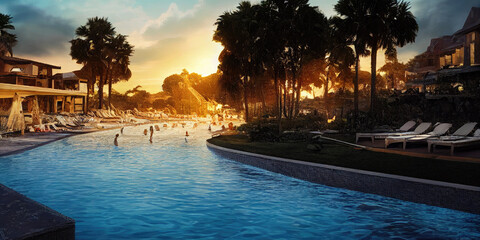Fototapeta premium Beautiful tropical beach front hotel resort with swimming pool, paradise destination for vacations. Generative AI illustration.