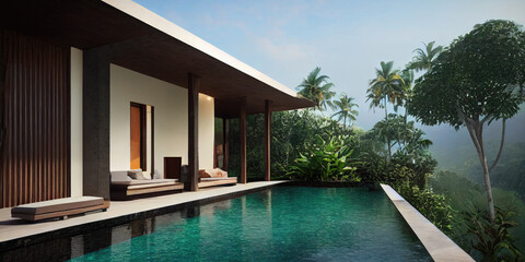Fototapeta premium Luxury with tropical Jungle villa resort luxurious swimming pool. Generative AI illustration