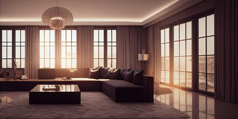 Fototapeta premium Large luxury modern elegant interiors Living room mockup. Modern style of furniture decoration. Generative AI illustration.