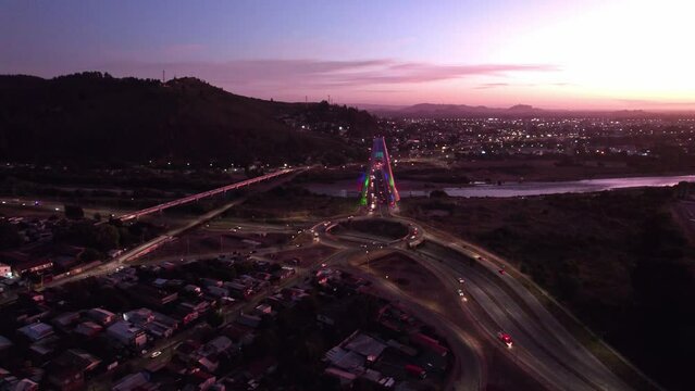 Bridge over the Cautin River, Temuco, Chile - Aerial Drone View at Night