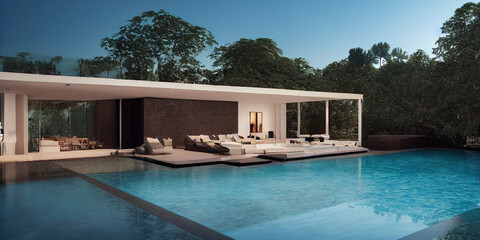 Fototapeta premium Beautiful tropical beach front hotel resort with swimming pool, paradise destination for vacations. Generative AI illustration.