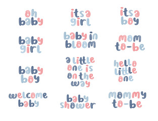 Baby shower lettering with line decoration. Set of vector cards for baby shower with pastel color. Hand drawn lettering for baby shower