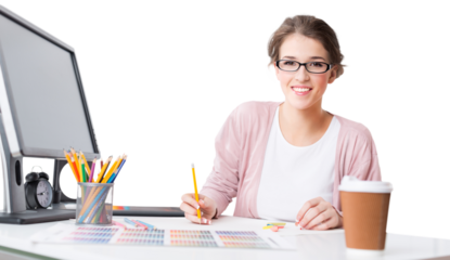 Portrait of a young graphic designer sketching at home on the foreground