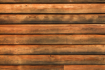 Brown stained wooden plank siding abstract background