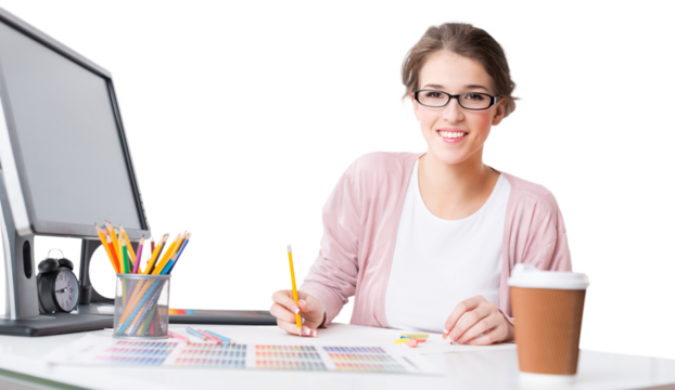 Portrait of a young graphic designer sketching at home on the foreground - Powered by Adobe