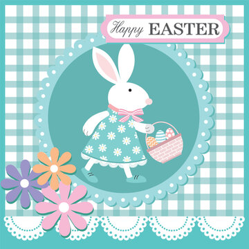 easter card with bunny and basket of eggs