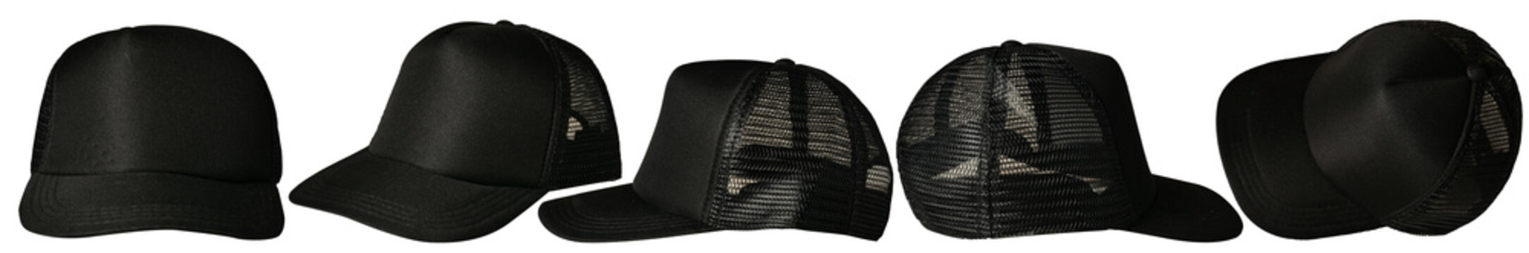 Set Of Black Trucker Cap Hat Mockup Template Collection, Various Angle Isolated Cut Out Object