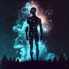 Obraz na płótnie Canvas body silhouette with space and galaxy background, milky way, spiritual life and belief, Made by AI, Artificial intelligence