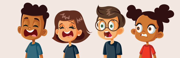 Scared Group of Children Feeling Fearful Vector Illustration. Kids panicking yelling and shouting feeling fearful and anxious
