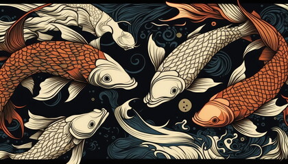 koi fish doodles, art, Made by AI,Artificial intelligence
