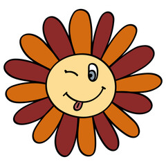 Smiley Daisy in 70s or 60s Retro Trippy Style. Smile Flower 1970 Icon. Seventies Groovy Flowers. Cartoon Character Hand Drawn Vector Illustration.