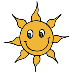 Smiley Sun in 70s or 60s Retro Style. Smile Sunshine 1970 Icon. Seventies Element. Groovy Flowers. Hand Drawn Vector Illustration.